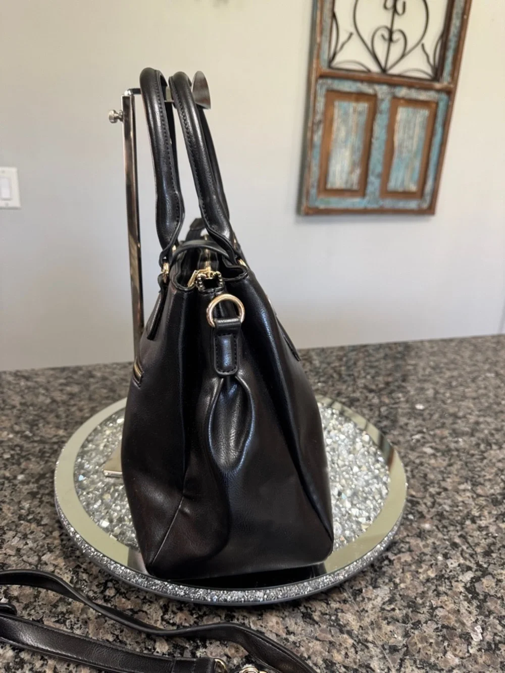 Women's Black Leather Satchel with Gold-Tone Lock and crossbody strap EUC